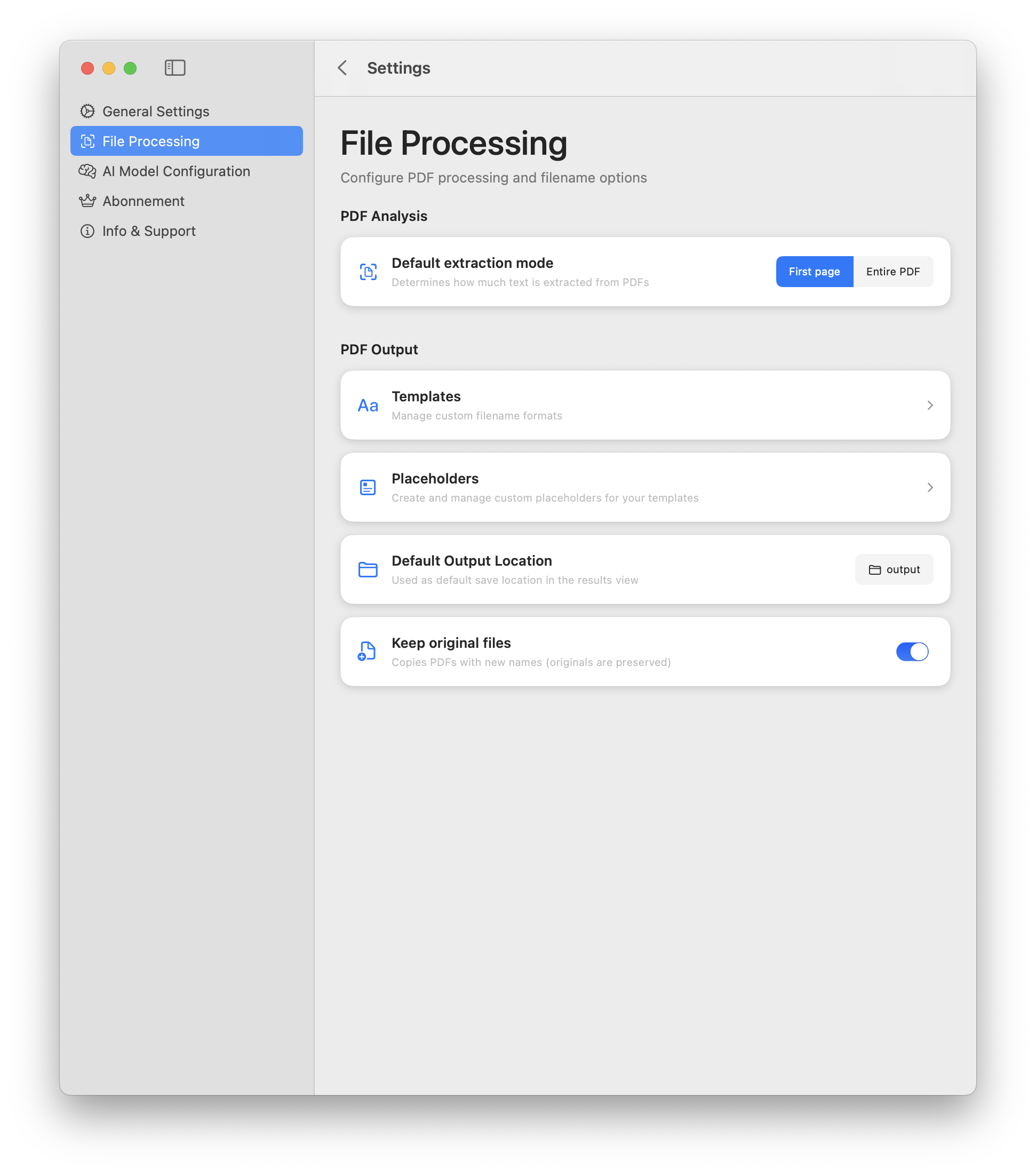 PDF AI Renamer Settings - File Processing